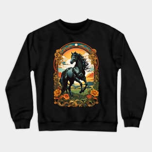 Black Horse Stallion Sunset retro vintage floral design Crewneck Sweatshirt